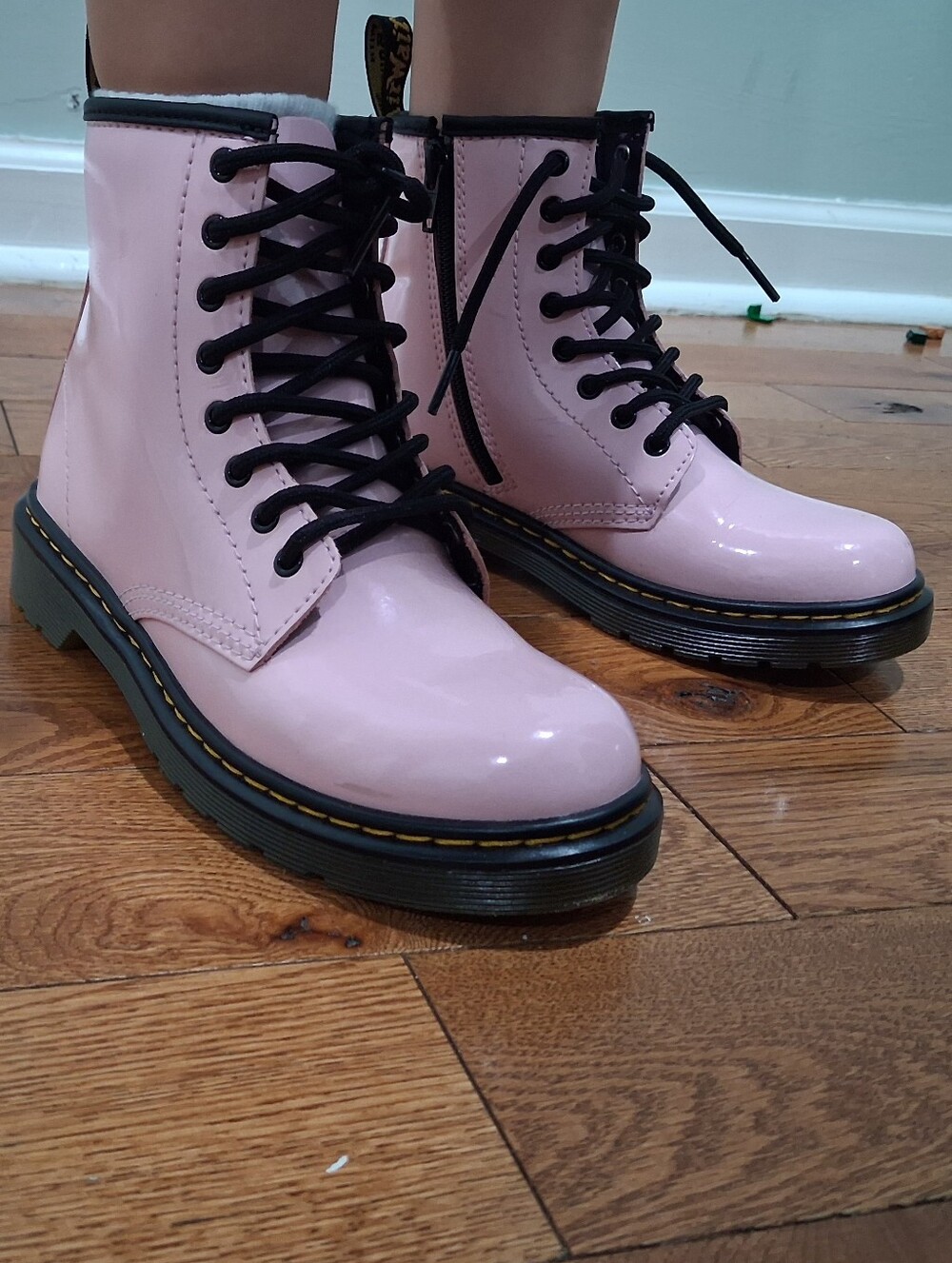 Dr. Martens Pink Patent Lace-Up Kids Ankle Boots with Black Trim